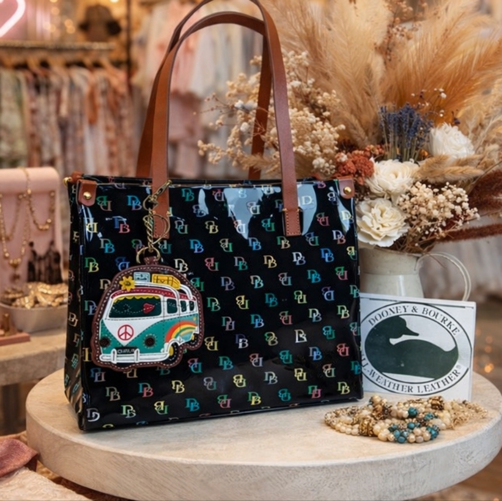 Dooney & Bourke Medium Shopper Hand Shoulder Bag Black Tote with Multicolor Logo